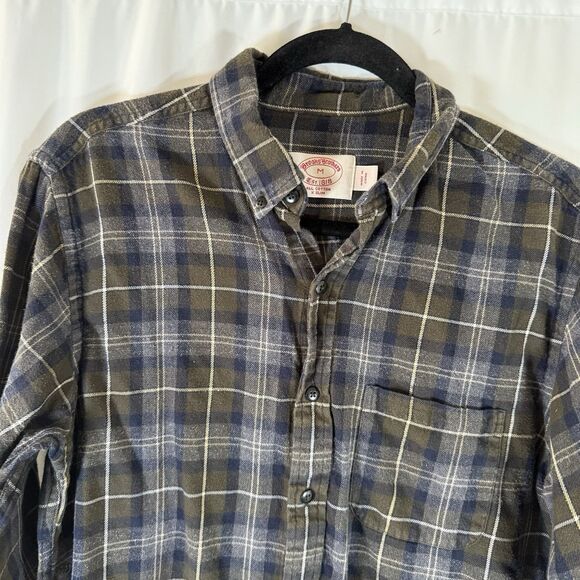 Brooks Brothers Flannel Shirt Men's Medium Plaid Brown XSlim All Cotton Pocket - Picture 3 of 9